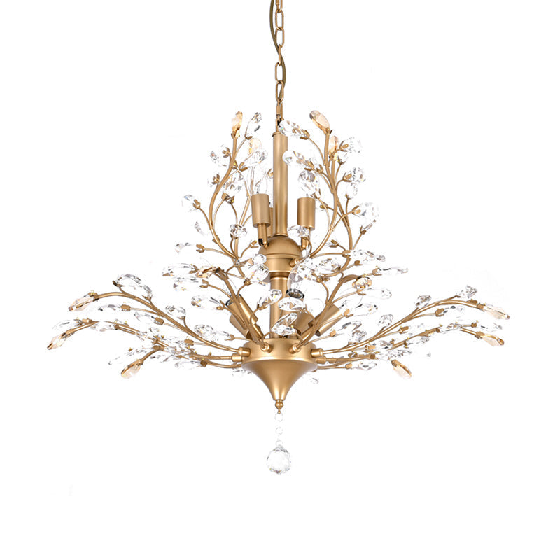 Gold Tree Crystal Pendant Light - Rural 8-Bulb Suspension Chandelier 19.5’/21.5’ High Dining