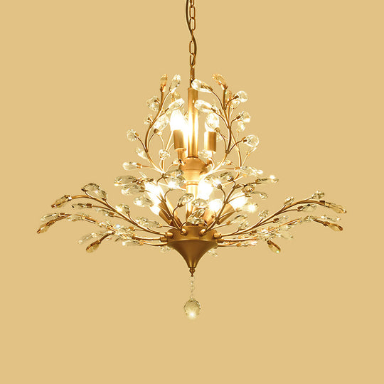 Gold Tree Crystal Pendant Light - Rural 8-Bulb Suspension Chandelier 19.5’/21.5’ High Dining