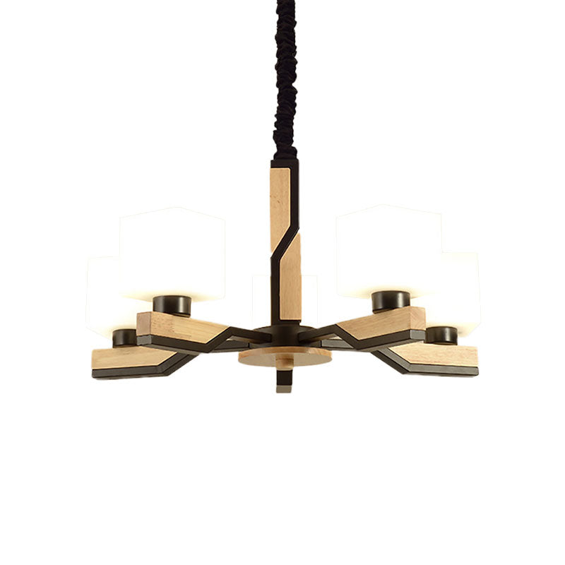 Nordic Cube-Shaped Ceiling Lamp With Wooden Chandelier For Living Room (3 Or 5 Heads)