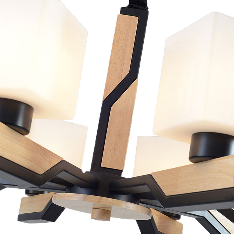 Nordic Cube-Shaped Ceiling Lamp With Wooden Chandelier For Living Room (3 Or 5 Heads)