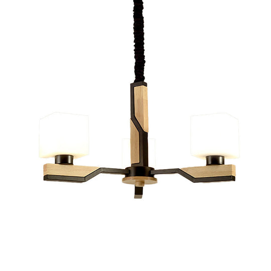 Nordic Cube-Shaped Ceiling Lamp With Wooden Chandelier For Living Room (3 Or 5 Heads)