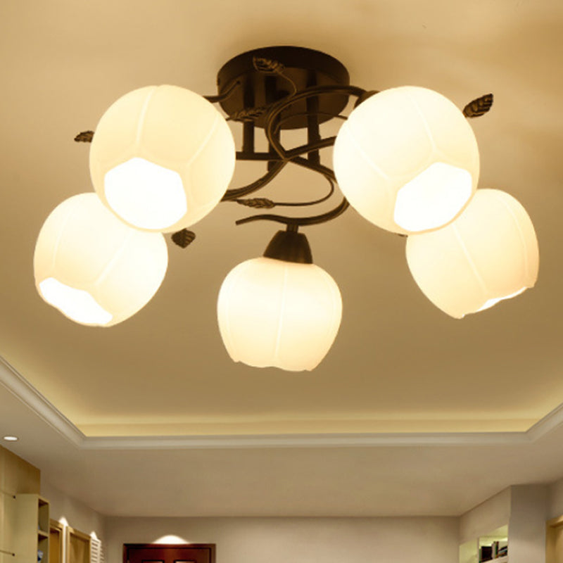 Traditional White Glass Semi Flush Ceiling Light For Living Room - 1 Globe Fixture
