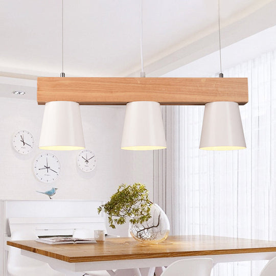 Nordic Metal 3-Head Conical Frustum Pendant Light - White Island Suspension Lamp With Wood Beam