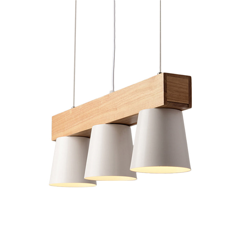 Nordic Metal 3-Head Conical Frustum Pendant Light - White Island Suspension Lamp With Wood Beam