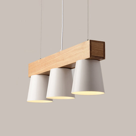 Nordic Metal 3-Head Conical Frustum Pendant Light - White Island Suspension Lamp With Wood Beam