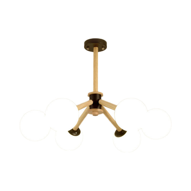 Modern 6-Light Grape Chandelier With Wood Branch And White Glass