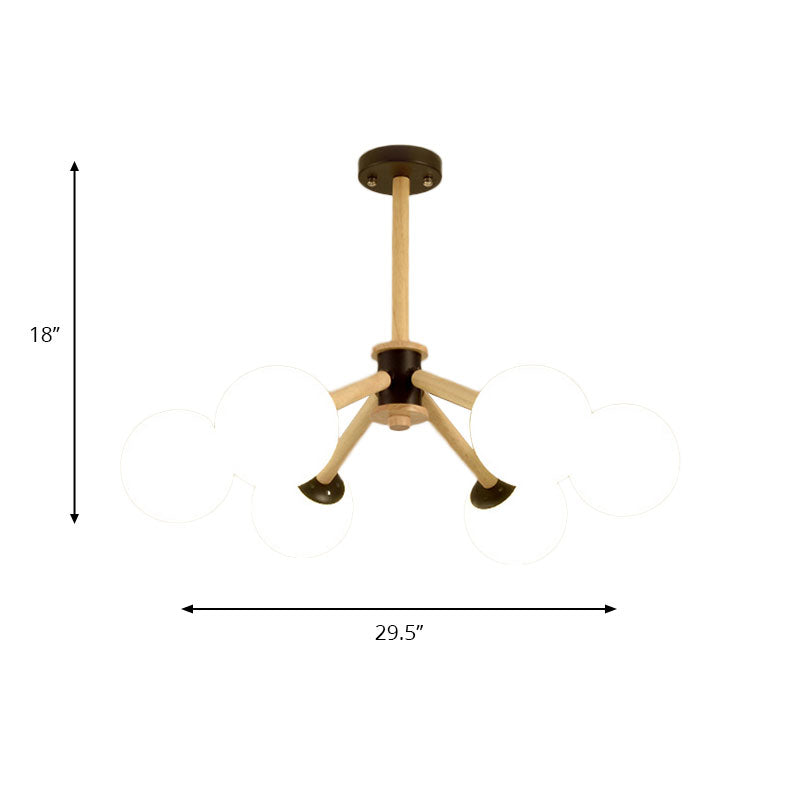 Modern 6-Light Grape Chandelier With Wood Branch And White Glass