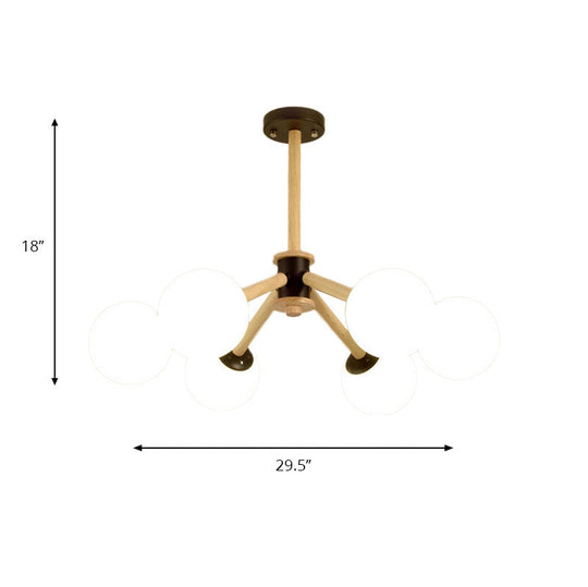 Modern 6-Light Grape Chandelier With Wood Branch And White Glass