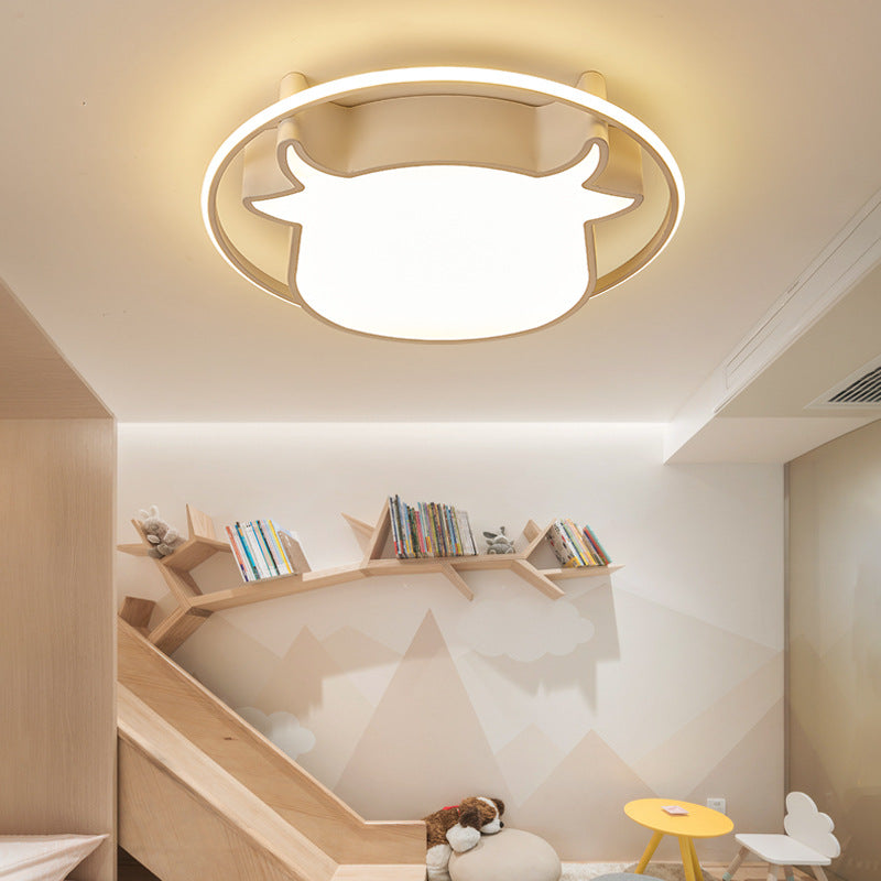 Animal - Inspired Ring Kid’s Flush Ceiling Light: Eye - Caring Ox Head Acrylic Lamp White /