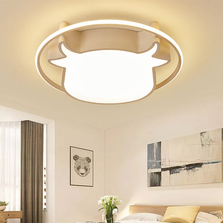 Animal-Inspired Ring Kids Flush Ceiling Light: Eye-Caring Ox Head Acrylic Lamp