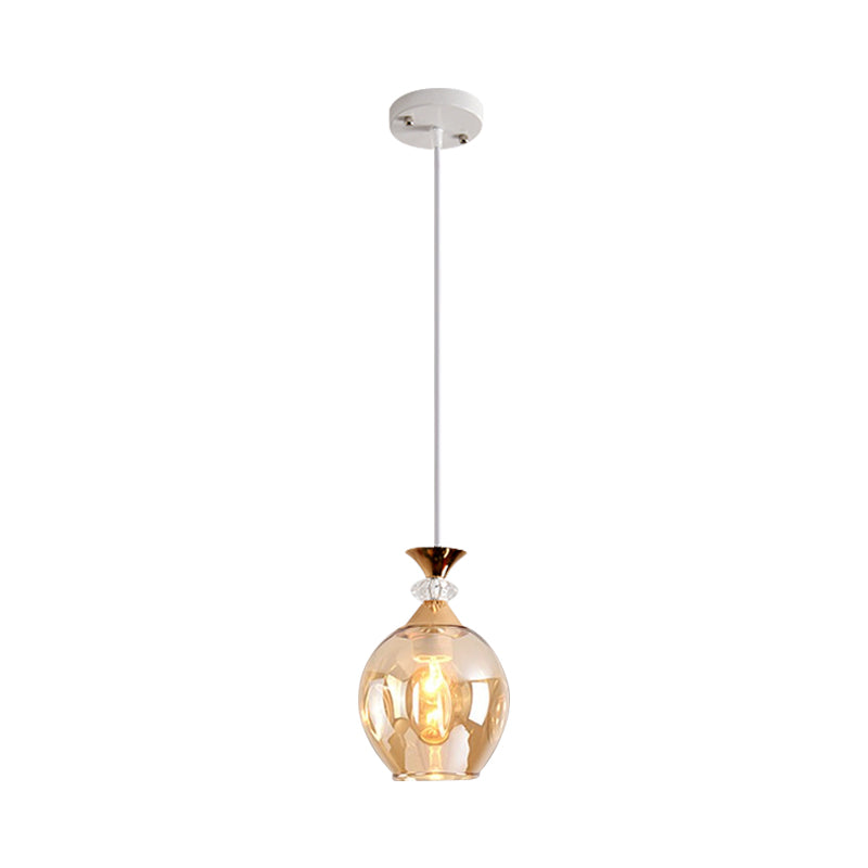 Sleek Cup-Shape Modern Pendant With Grey/Blue/Amber Dimpled Glass - 1 Light Hanging Fixture Amber