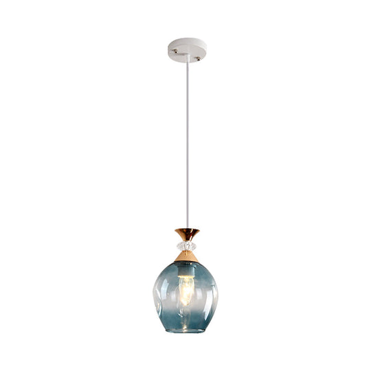 Sleek Cup-Shape Modern Pendant With Grey/Blue/Amber Dimpled Glass - 1 Light Hanging Fixture Blue