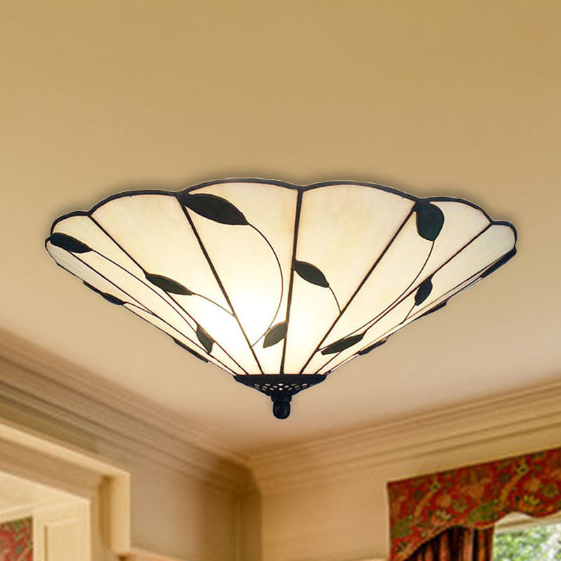 Tiffany Stained Glass Ceiling Light With Geometric Design And Leaf Theme (3 Lights White/Beige