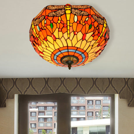 Tiffany Dragonfly Stained Glass Ceiling Lamp - Flush Mount Fixture In Red/Yellow/Orange Perfect For
