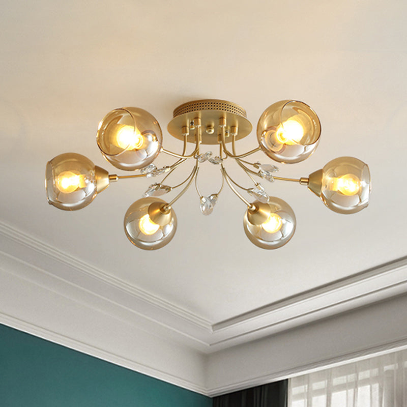 Classic Amber Glass Ball Semi - Flush Light Fixture With Crystal Accent (6/9 - Light) For Living