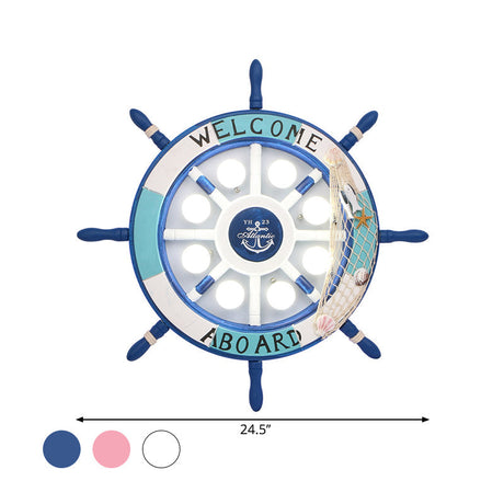 Wooden Ship Rudder Ceiling Lamp - 8-Bulb Led Semi Flush Mount Light (White/Pink/Blue Options)