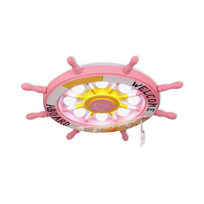 8-Head Kids Bedroom Flush Light: Blue/White/Yellow Led Ceiling Lamp With Rudder Wood Shade White/3