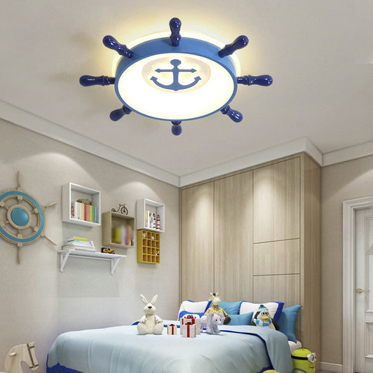 Blue Rudder Led Ceiling Flush Light For Kids With Acrylic Shade And Anchor Pattern
