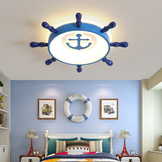 Blue Rudder Led Ceiling Flush Light For Kids With Acrylic Shade And Anchor Pattern