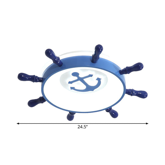 Blue Rudder Led Ceiling Flush Light For Kids With Acrylic Shade And Anchor Pattern