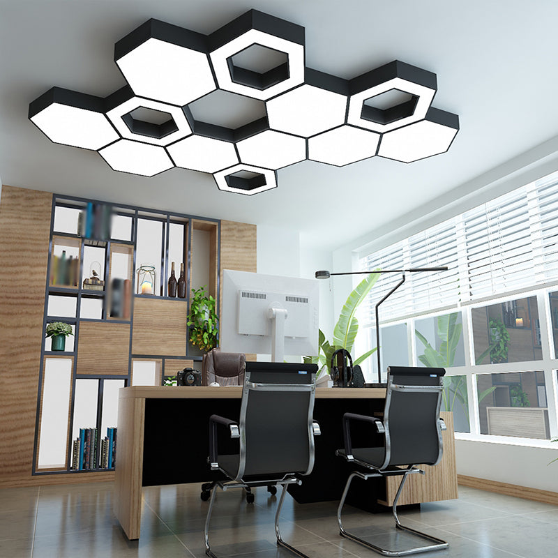 Modern Honeycomb Acrylic Led Ceiling Lamp - Black Flush Mount For Office (18’/23.5’/47’ W)