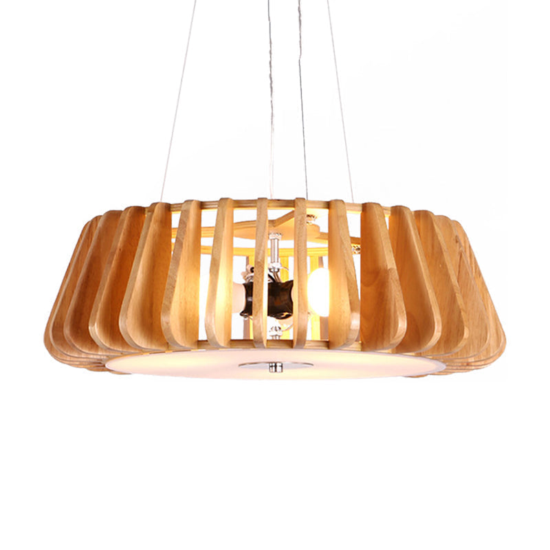 Triple Light Wooden Drum Chandelier For Modern Restaurant Decor