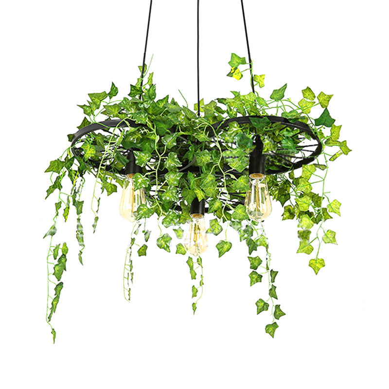 Retro Iron Wagon Wheel Chandelier - Black 1/3/6 Light Hanging Pendant With Decorative Plant