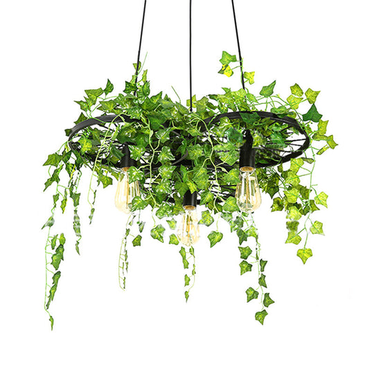 Retro Iron Wagon Wheel Chandelier - Black 1/3/6 Light Hanging Pendant With Decorative Plant