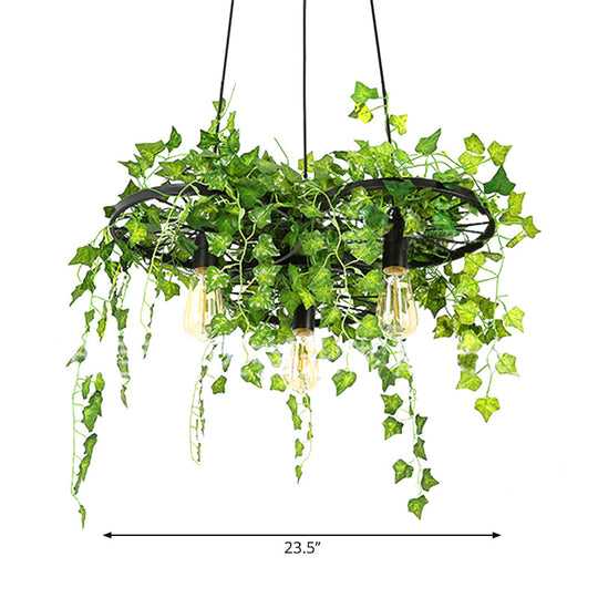 Retro Iron Wagon Wheel Chandelier - Black 1/3/6 Light Hanging Pendant With Decorative Plant