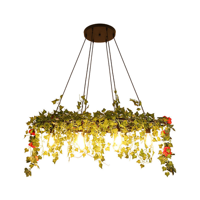 Retro Iron Wagon Wheel Chandelier - Black 1/3/6 Light Hanging Pendant With Decorative Plant