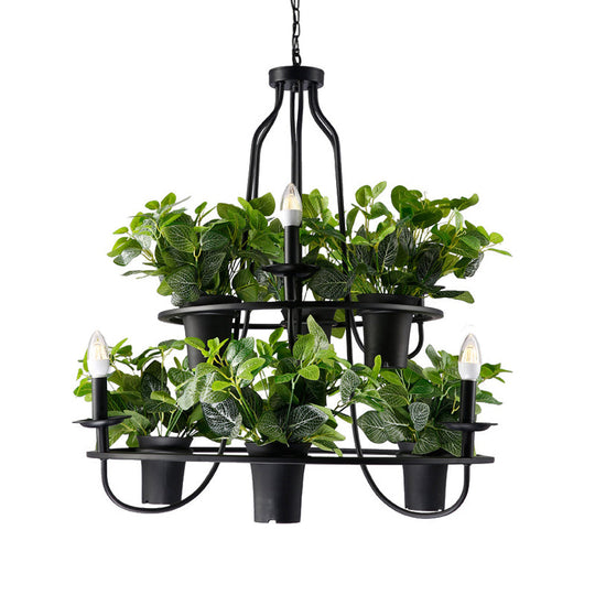 Vintage Bonsai Ceiling Chandelier With Iron Pendant Light In Black 3/6 Bulbs 1/2-Layer Design