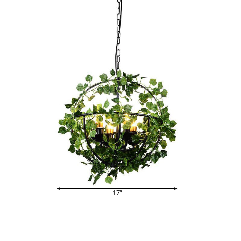 4-Head Plant Pendant Chandelier With Basket/Bowl Iron Cage - Black Ideal For Rural Restaurants