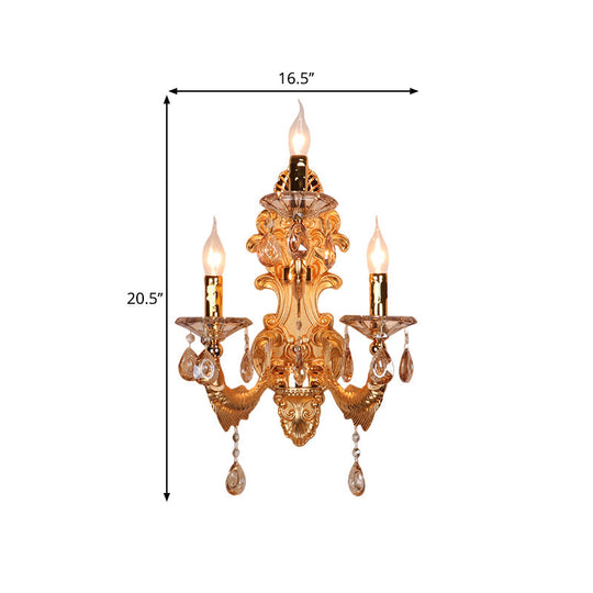 Traditional Gold Crystal Droplets Wall Sconce With 3-Head Candelabra - Elegant Lighting Fixture