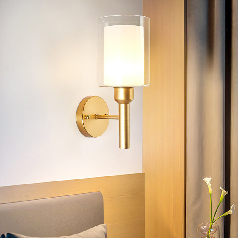 Retro Dual Cylinder Wall Sconce In Gold With Clear & White Glass Headlight