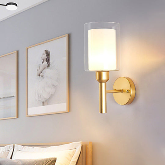 Retro Dual Cylinder Wall Sconce In Gold With Clear & White Glass Headlight