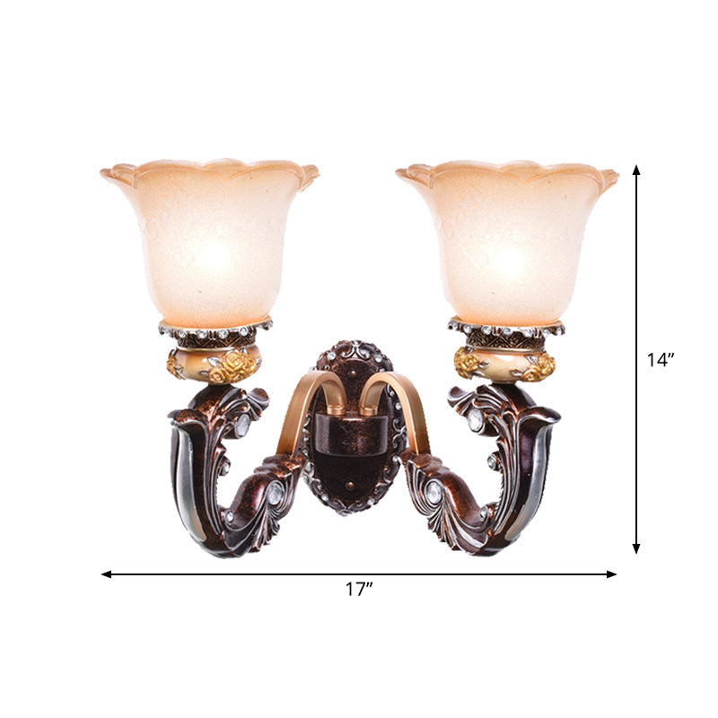 Vintage Brown Half-Head Wall Lamp With Pink And White Floral-Shaped Glass - Retro Lighting Fixture