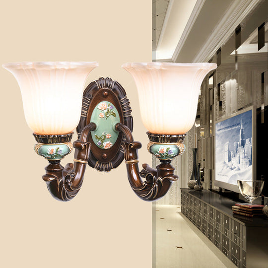 Frosted Glass Brown Wall Light - Rustic Bell Design Rural Sconce For Guest Room 2 /