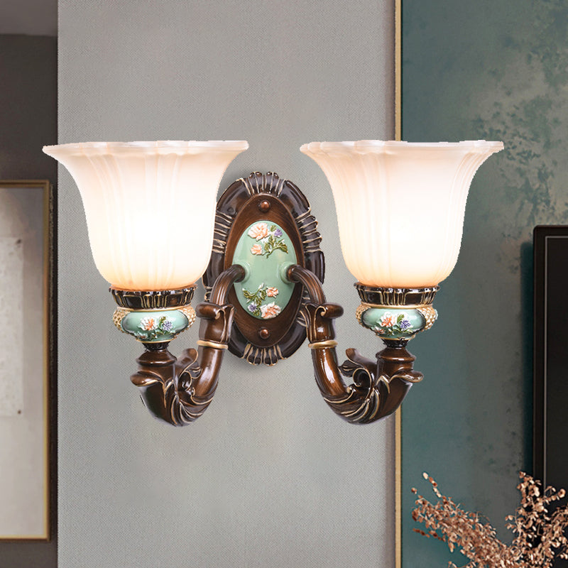 Frosted Glass Brown Wall Light - Rustic Bell Design Rural Sconce For Guest Room