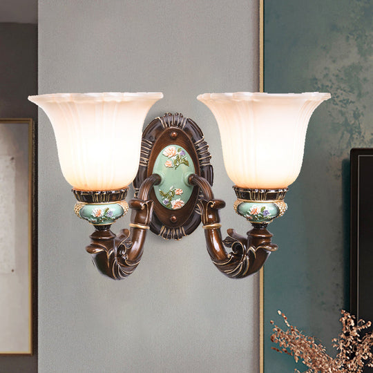 Frosted Glass Brown Wall Light - Rustic Bell Design Rural Sconce For Guest Room