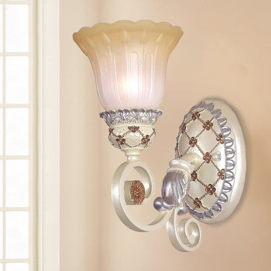 French Country Blossom Wall Sconce - Opaline Glass Lighting With Swirl Arm In Gold