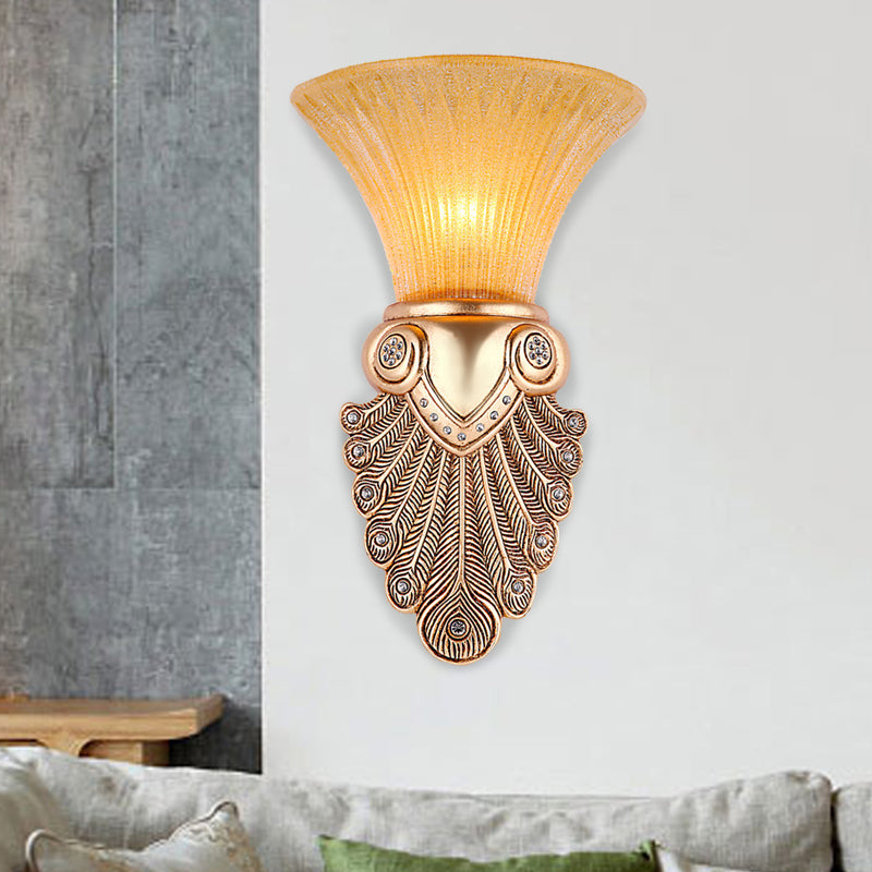 Gold Wall Sconce Lighting With Inverted Bell Opal Fluted Glass And Peacock Feather Design 10/13 Wide