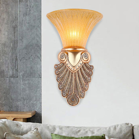 Gold Wall Sconce Lighting With Inverted Bell Opal Fluted Glass And Peacock Feather Design 10/13 Wide
