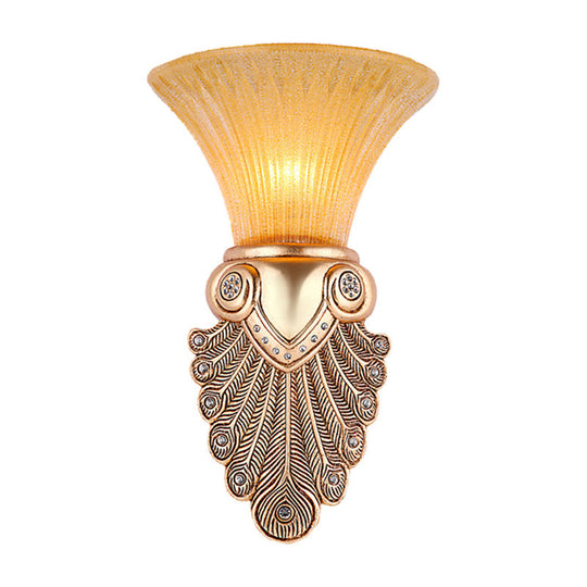 Gold Wall Sconce Lighting With Inverted Bell Opal Fluted Glass And Peacock Feather Design 10/13 Wide
