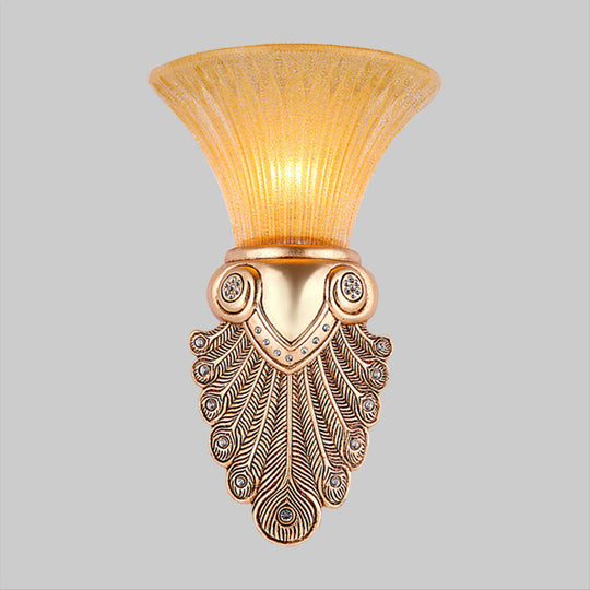 Gold Wall Sconce Lighting With Inverted Bell Opal Fluted Glass And Peacock Feather Design 10/13 Wide