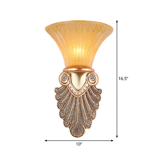 Gold Wall Sconce Lighting With Inverted Bell Opal Fluted Glass And Peacock Feather Design 10/13 Wide