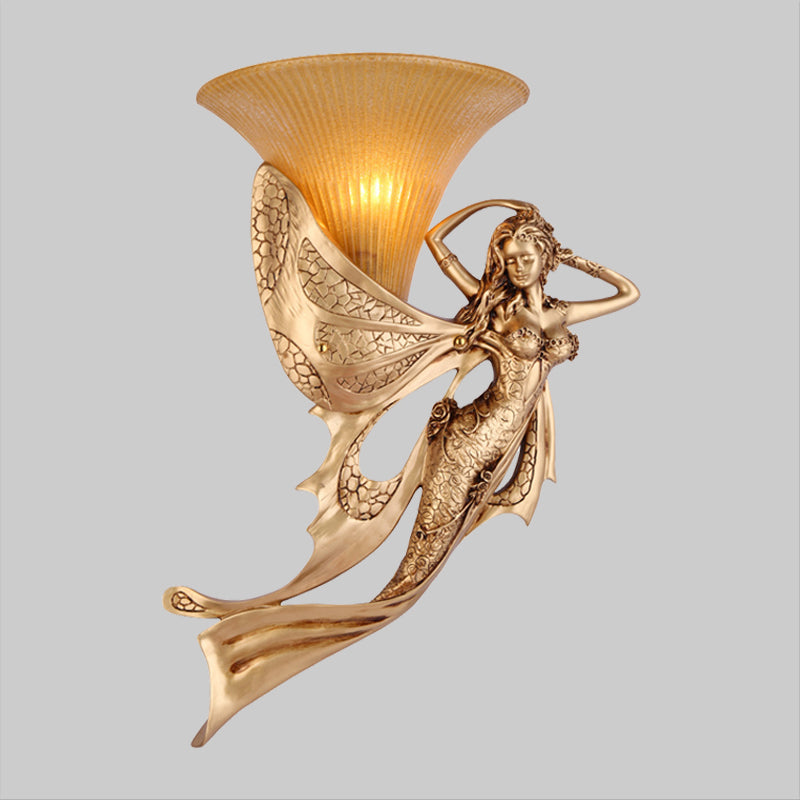Mermaid 1-Light Resin Gold Wall Sconce - Rustic Style Lamp With Ribbed Glass Shade