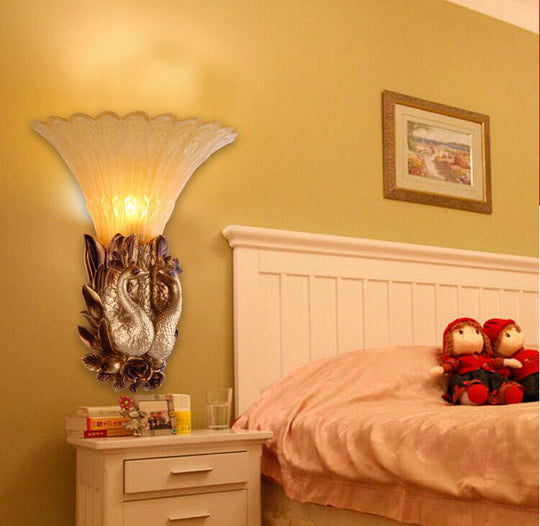 Vintage Resin Gold Wall Sconce Light With Ribbed Amber Glass Shade - Peacock Bedroom Lighting
