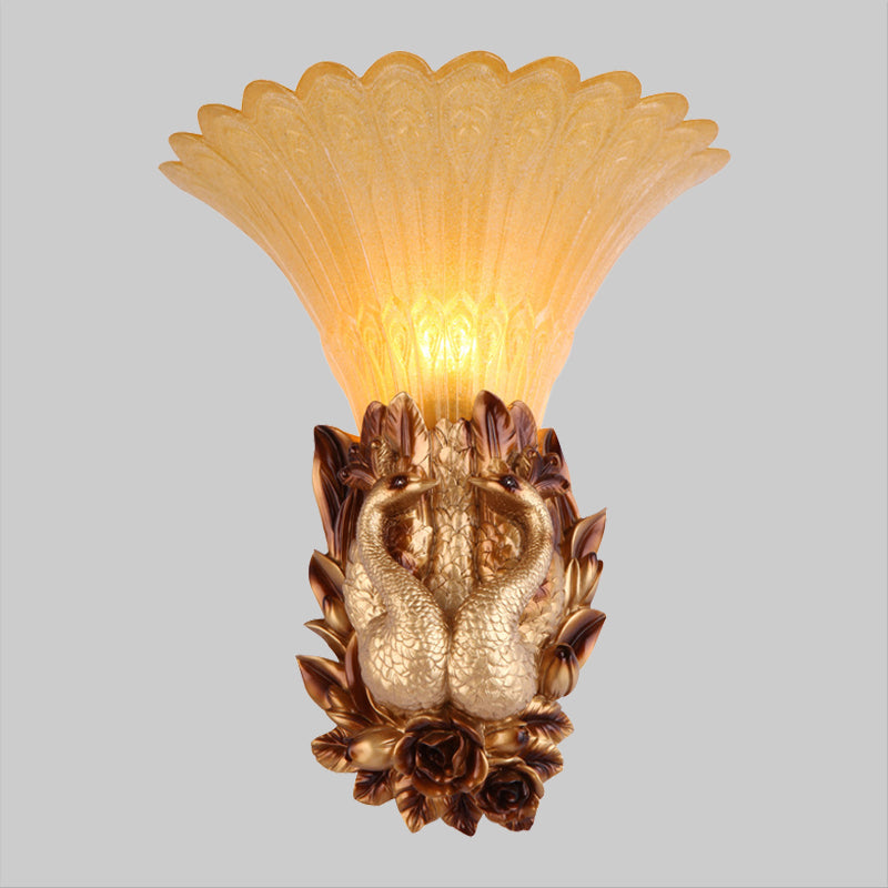 Vintage Resin Gold Wall Sconce Light With Ribbed Amber Glass Shade - Peacock Bedroom Lighting