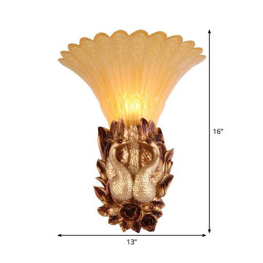 Vintage Resin Gold Wall Sconce Light With Ribbed Amber Glass Shade - Peacock Bedroom Lighting