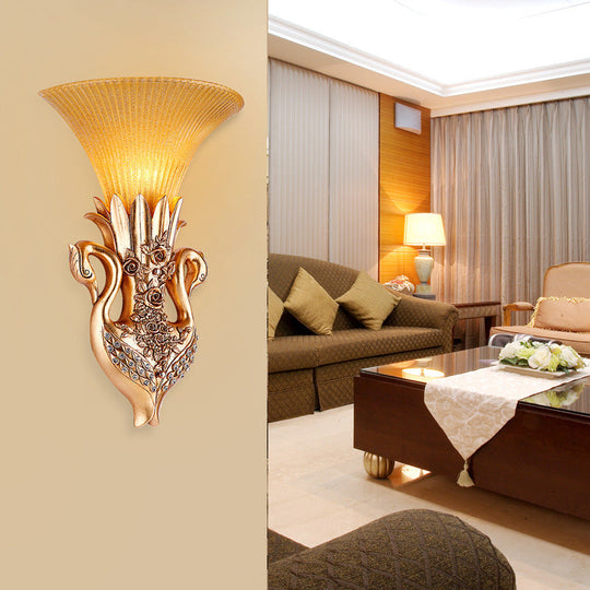 Swan Sconce Lamp: Farmhouse Resin Single Bulb Wall Lighting With Gold Finish And Fluted Glass Shade